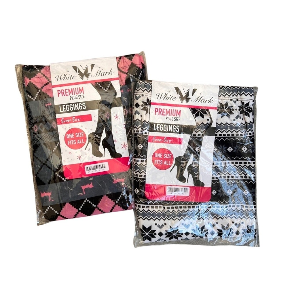 White Mark Premium Plus‎ Size Leggings One Size Fair Isle Pink Argyle